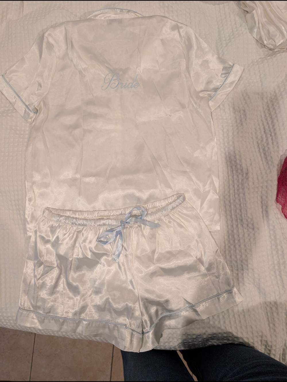 Satin 'Bride' Short Pajama Set in White with Light Blue Trim